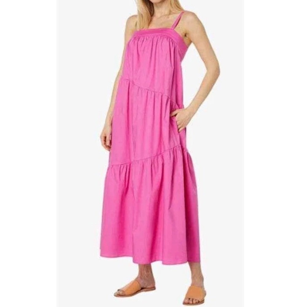 Donna Morgan Fuchsia Pink Tiered Cotton Midi Dress Pockets Size 2P Petite